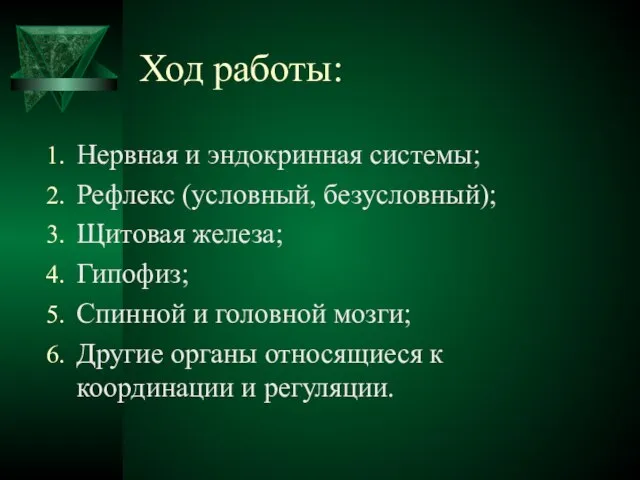 Ход работы: Нервная и эндокринная системы; Рефлекс (условный, безусловный); Щитовая железа; Гипофиз;