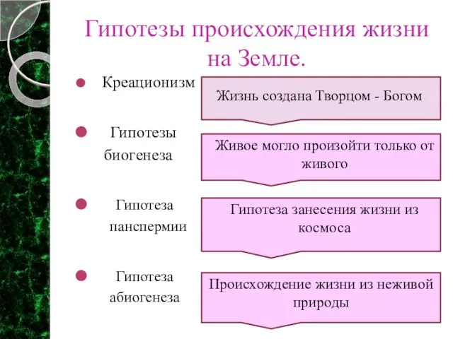 Гипотезы происхождения жизни на Земле. Креационизм Гипотезы биогенеза Гипотеза панспермии Гипотеза абиогенеза