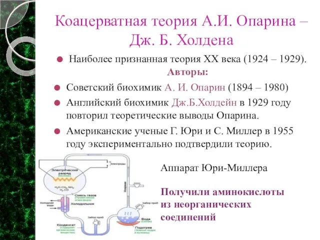 Коацерватная теория А.И. Опарина – Дж. Б. Холдена Наиболее признанная теория XX