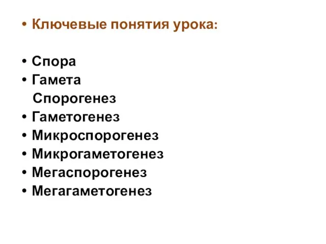 Ключевые понятия урока: Спора Гамета Спорогенез Гаметогенез Микроспорогенез Микрогаметогенез Мегаспорогенез Мегагаметогенез