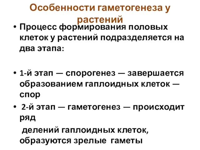 Особенности гаметогенеза у растений Процесс формирования половых клеток у растений подразделяется на