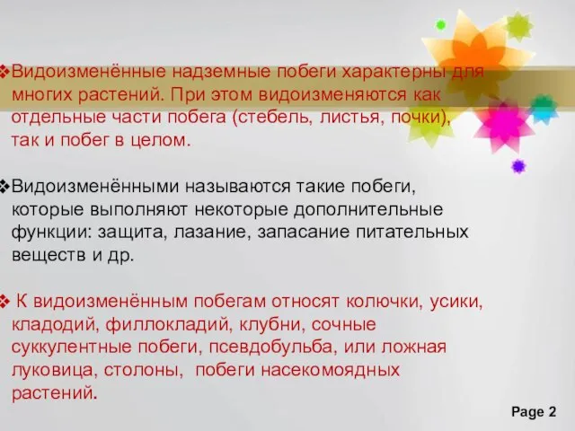 Видоизменённые надземные побеги характерны для многих растений. При этом видоизменяются как отдельные