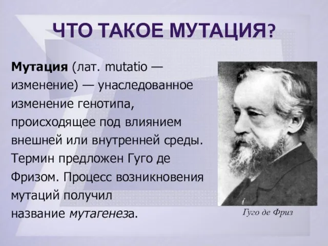 Что такое мутация? Мутация (лат. mutatio — изменение) — унаследованное изменение генотипа,