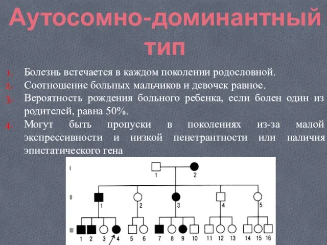 Аутосомно-доминантный тип Болезнь встечается в каждом поколении родословной. Соотношение больных мальчиков и