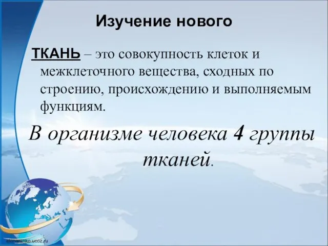 Изучение нового ТКАНЬ – это совокупность клеток и межклеточного вещества, сходных по