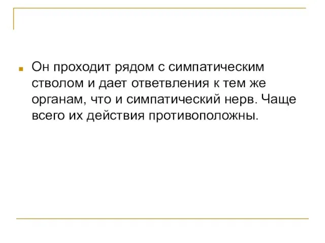 Он проходит рядом с симпатическим стволом и дает ответвления к тем же