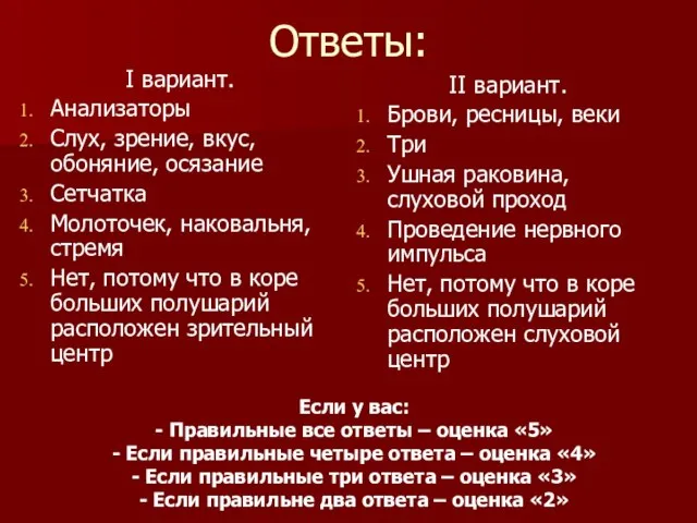 Ответы: I вариант. Анализаторы Слух, зрение, вкус, обоняние, осязание Сетчатка Молоточек, наковальня,