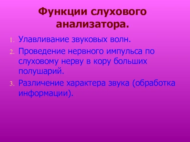 Функции слухового анализатора. Улавливание звуковых волн. Проведение нервного импульса по слуховому нерву