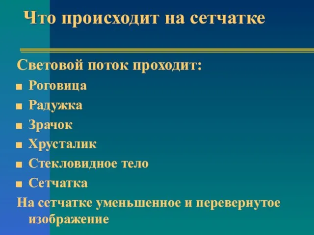 Что происходит на сетчатке Световой поток проходит: Роговица Радужка Зрачок Хрусталик Стекловидное