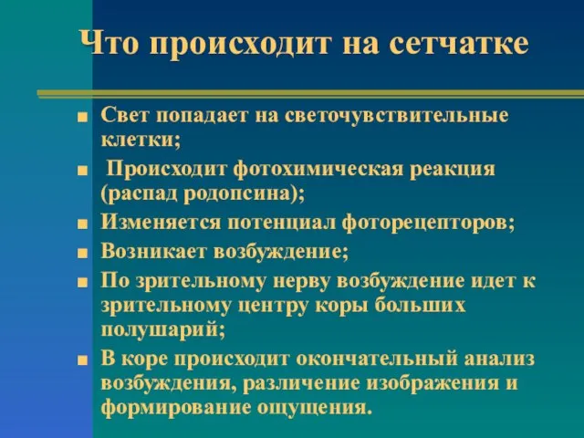 Что происходит на сетчатке Свет попадает на светочувствительные клетки; Происходит фотохимическая реакция(распад