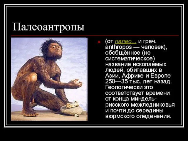 Палеоантропы (от палео... и греч. anthropos — человек), обобщённое (не систематическое) название