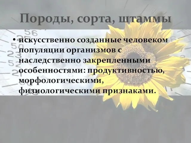 Породы, сорта, штаммы искусственно созданные человеком популяции организмов с наследственно закрепленными особенностями: продуктивностью, морфологическими, физиологическими признаками.