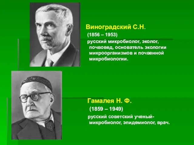 Виноградский С.Н. (1856 – 1953) русский микробиолог, эколог, почвовед, основатель экологии микроорганизмов