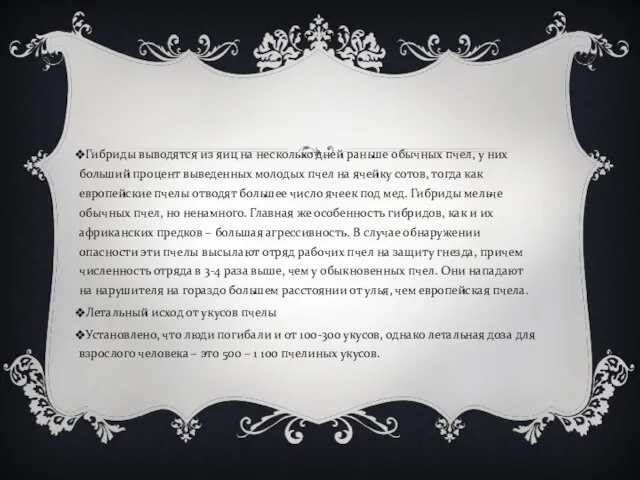 Гибриды выводятся из яиц на несколько дней раньше обычных пчел, у них