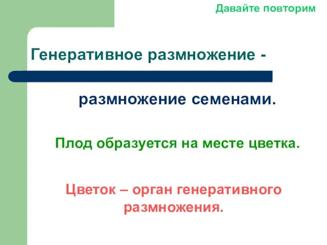 Генеративное размножение - размножение семенами. Плод образуется на месте цветка. Цветок –