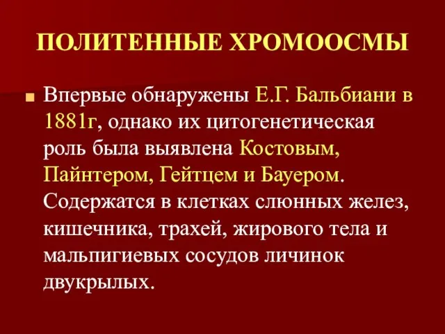 ПОЛИТЕННЫЕ ХРОМООСМЫ Впервые обнаружены Е.Г. Бальбиани в 1881г, однако их цитогенетическая роль