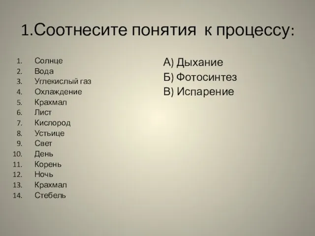 1.Соотнесите понятия к процессу: Солнце Вода Углекислый газ Охлаждение Крахмал Лист Кислород