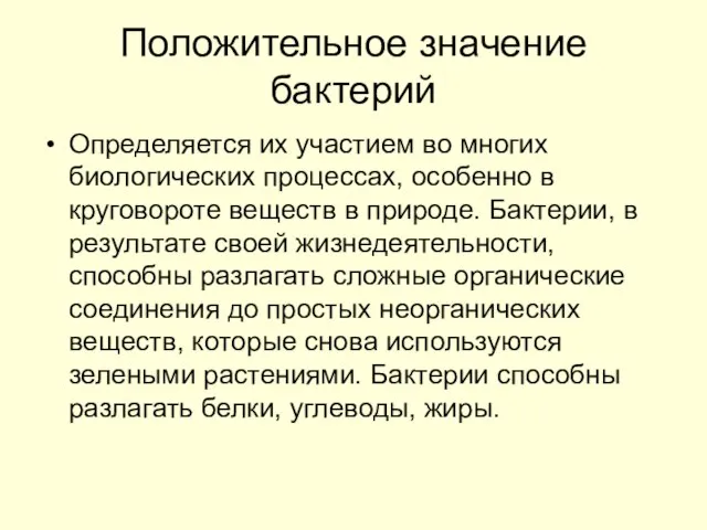 Положительное значение бактерий Определяется их участием во многих биологических процессах, особенно в