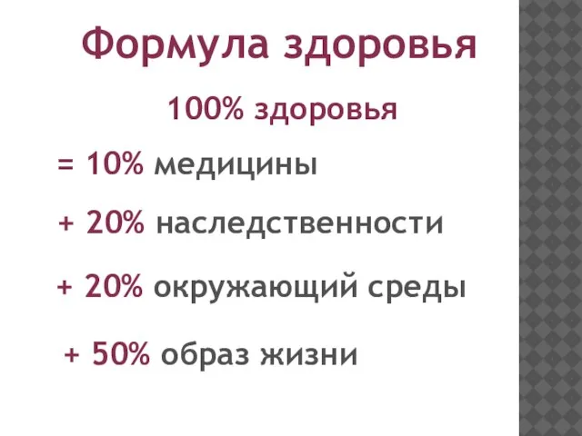 Формула здоровья = 10% медицины + 20% наследственности + 20% окружающий среды