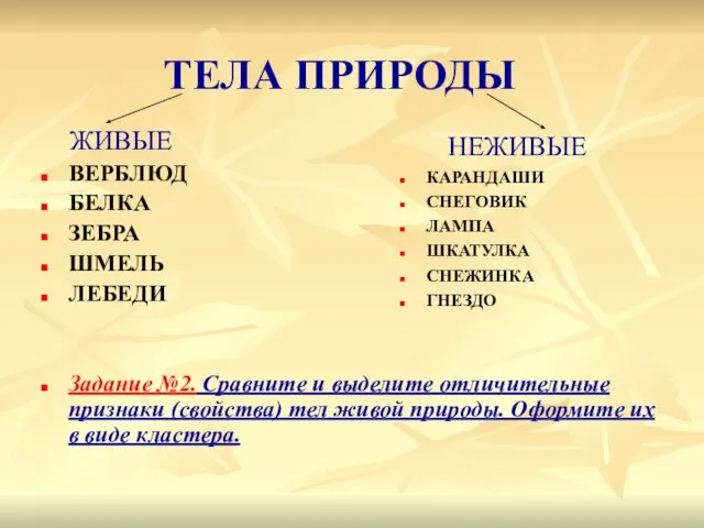 ТЕЛА ПРИРОДЫ ЖИВЫЕ ВЕРБЛЮД БЕЛКА ЗЕБРА ШМЕЛЬ ЛЕБЕДИ Задание №2. Сравните и