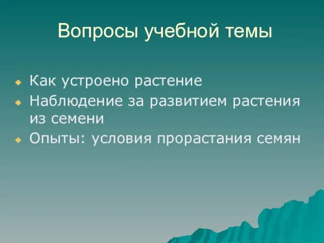 Вопросы учебной темы Как устроено растение Наблюдение за развитием растения из семени Опыты: условия прорастания семян