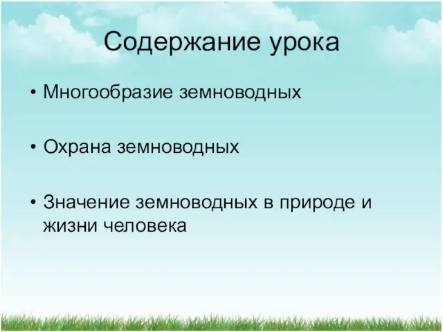 Содержание урока Многообразие земноводных Охрана земноводных Значение земноводных в природе и жизни человека