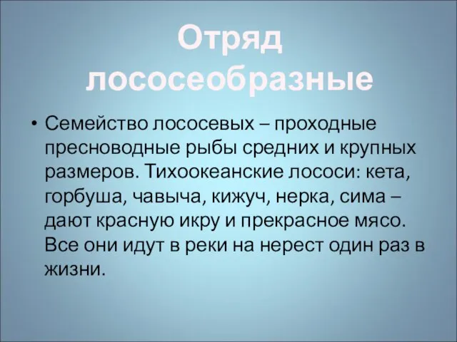 Семейство лососевых – проходные пресноводные рыбы средних и крупных размеров. Тихоокеанские лососи: