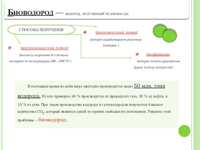 СПОСОБЫ ПОЛУЧЕНИЯ Биоводород — водород, полученный из биомассы. В настоящее время во