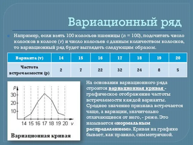 Вариационный ряд Например, если взять 100 колосьев пшеницы (n = 100), подсчитать