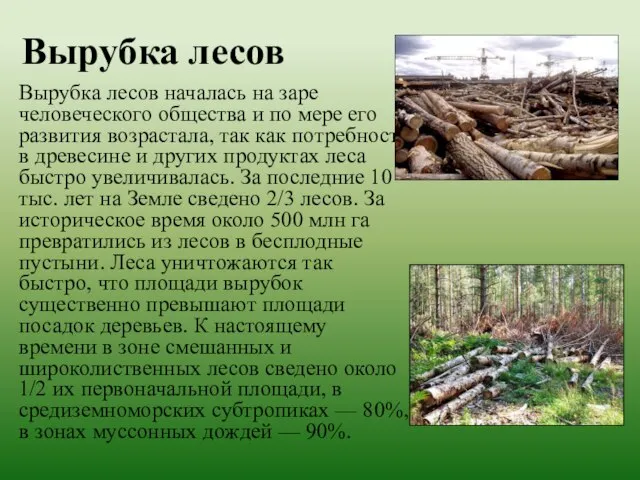 Вырубка лесов Вырубка лесов началась на заре человеческого общества и по мере