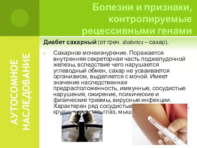 АУТОСОМНОЕ НАСЛЕДОВАНИЕ Диабет сахарный (от греч. diabetes – сахар). Сахарное мочеизнурение. Поражается