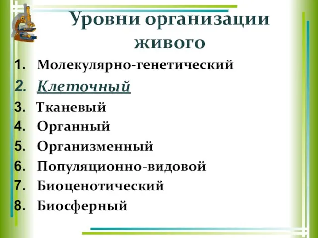 Уровни организации живого Молекулярно-генетический Клеточный Тканевый Органный Организменный Популяционно-видовой Биоценотический Биосферный