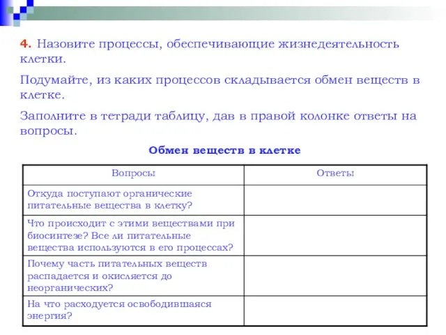 4. Назовите процессы, обеспечивающие жизнедеятельность клетки. Подумайте, из каких процессов складывается обмен