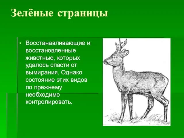 Зелёные страницы Восстанавливающие и восстановленные животные, которых удалось спасти от вымирания. Однако