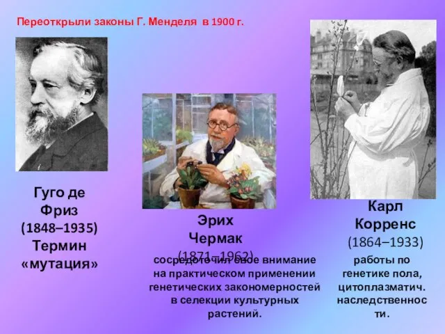 Гуго де Фриз (1848–1935) Термин «мутация» сосредоточил свое внимание на практическом применении