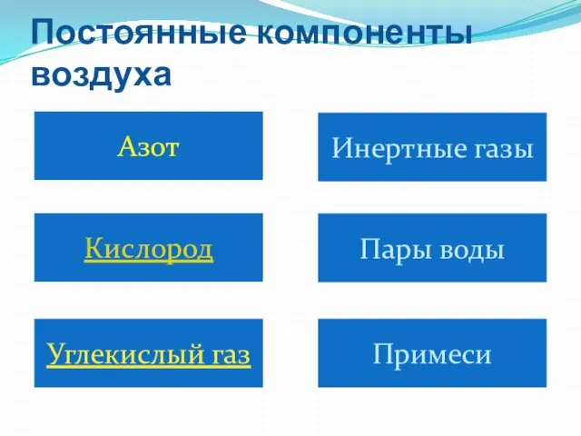 Постоянные компоненты воздуха Азот Кислород Инертные газы Углекислый газ Пары воды Примеси