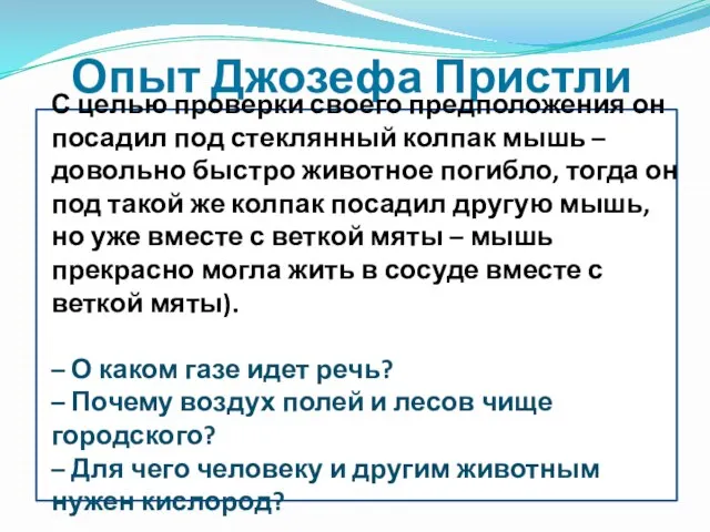 Опыт Джозефа Пристли С целью проверки своего предположения он посадил под стеклянный