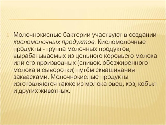 Молочнокислые бактерии участвуют в создании кисломолочных продуктов. Кисломолочные продукты - группа молочных