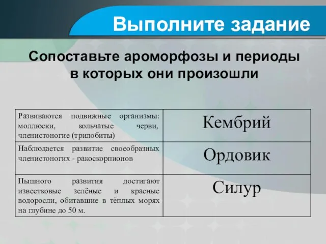 Выполните задание Сопоставьте ароморфозы и периоды в которых они произошли