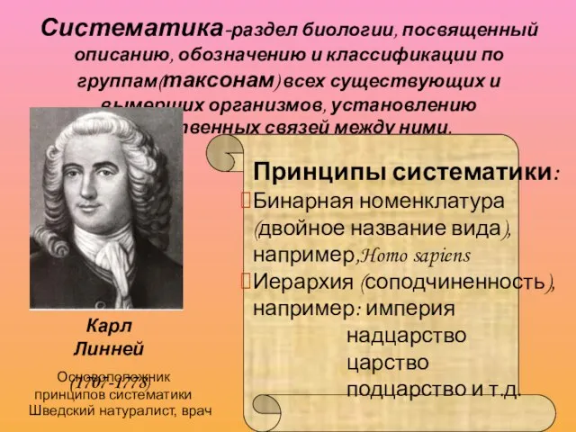 Систематика-раздел биологии, посвященный описанию, обозначению и классификации по группам(таксонам) всех существующих и