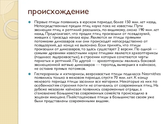 происхождение Первые птицы появились в юрском периоде, более 150 млн. лет назад.