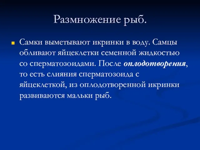 Размножение рыб. Самки выметывают икринки в воду. Самцы обливают яйцеклетки семенной жидкостью