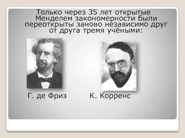 Только через 35 лет открытые Менделем закономерности были переоткрыты заново независимо друг