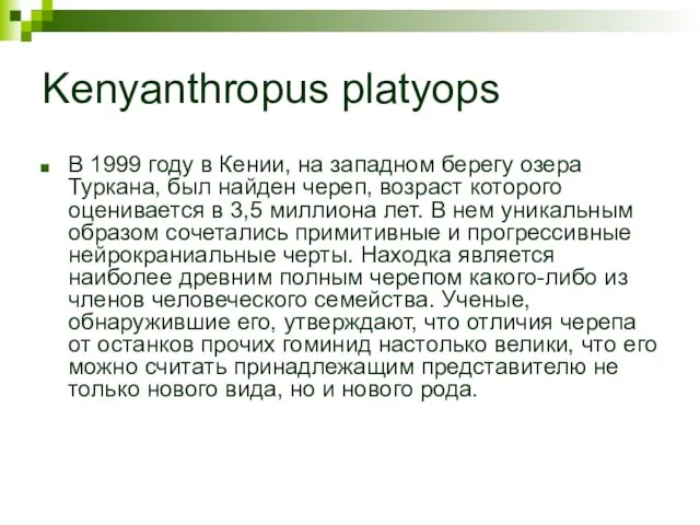 Kenyanthropus platyops В 1999 году в Кении, на западном берегу озера Туркана,