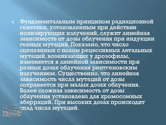 Фундаментальным принципом радиационной генетики, установленным при действии ионизирующих излучений, служит линейная зависимость