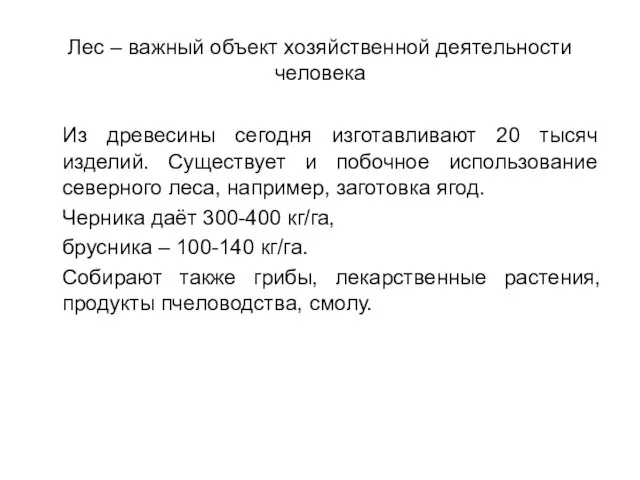 Лес – важный объект хозяйственной деятельности человека Из древесины сегодня изготавливают 20