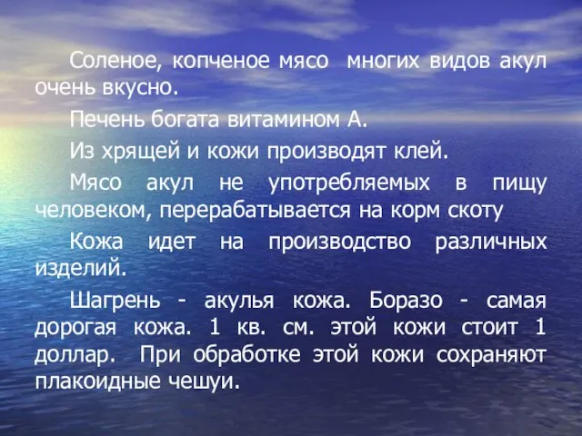 Соленое, копченое мясо многих видов акул очень вкусно. Печень богата витамином А.