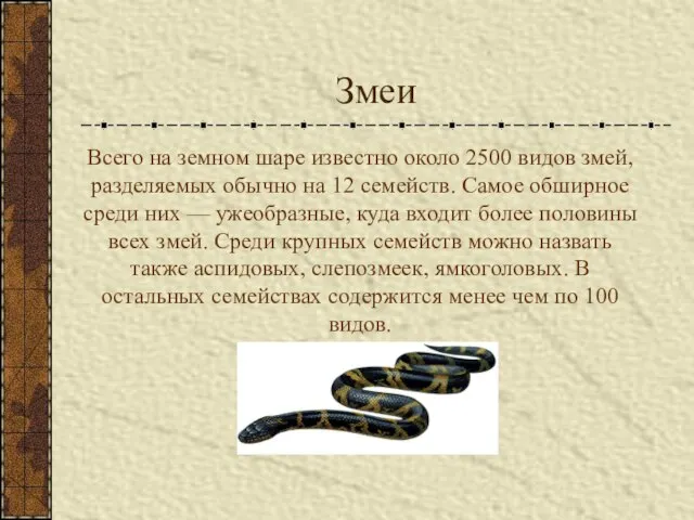 Змеи Всего на земном шаре известно около 2500 видов змей, разделяемых обычно