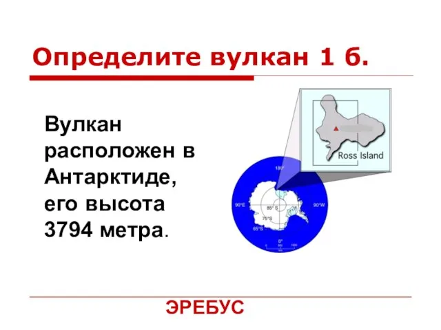 Определите вулкан 1 б. Вулкан расположен в Антарктиде, его высота 3794 метра. ЭРЕБУС