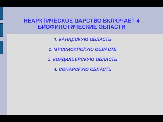 НЕАРКТИЧЕСКОЕ ЦАРСТВО ВКЛЮЧАЕТ 4 БИОФИЛОТИЧЕСКИЕ ОБЛАСТИ 1. КАНАДСКУЮ ОБЛАСТЬ 2. МИССИСИПСКУЮ ОБЛАСТЬ